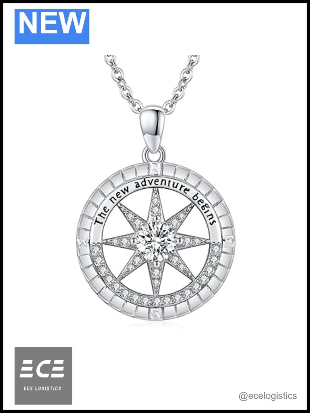 925 Sterling Silver Compass Necklace Cubic Zirconia Moonstone Pendant